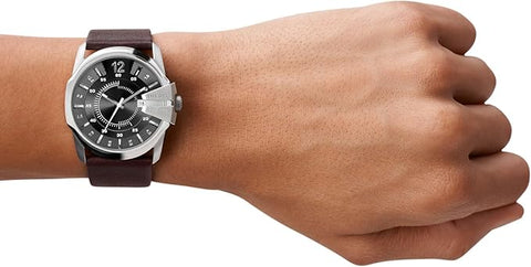 Diesel Master Chief Stainless Steel and Leather Three-Hand Analog Men's Watch, Color: Silver, Brown (Model: DZ1206)