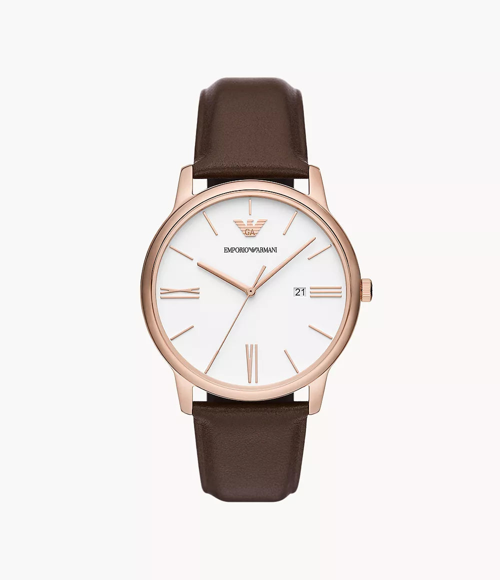 Emporio Armani Three-Hand Date Brown Leather Watch - White & Brown
