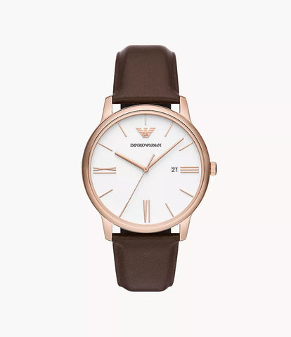 Emporio Armani Three-Hand Date Brown Leather Watch - White & Brown