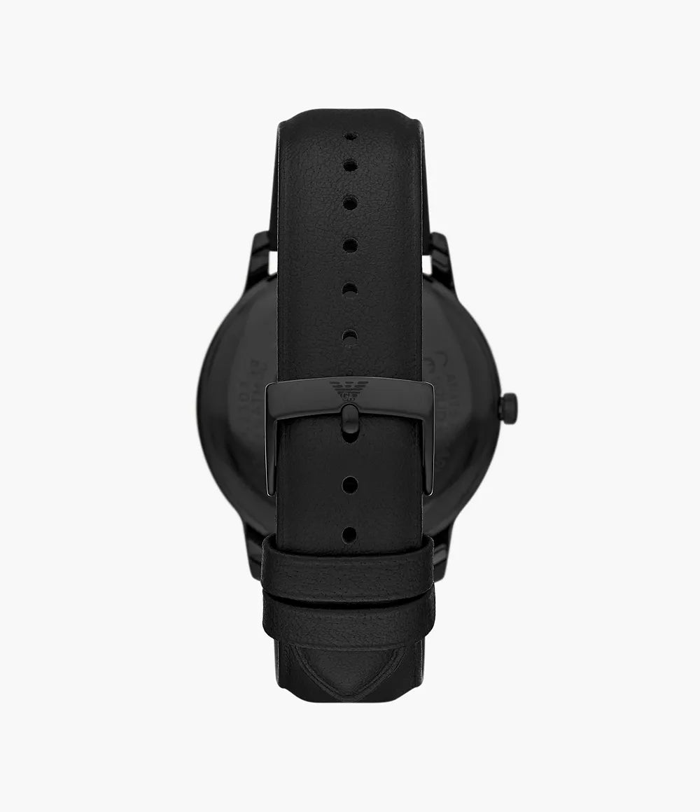 Emporio Armani Three-Hand Date Black Leather Watch - Black