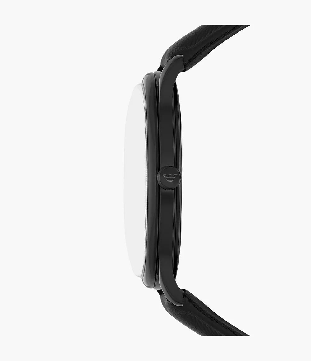 Emporio Armani Three-Hand Date Black Leather Watch - Black