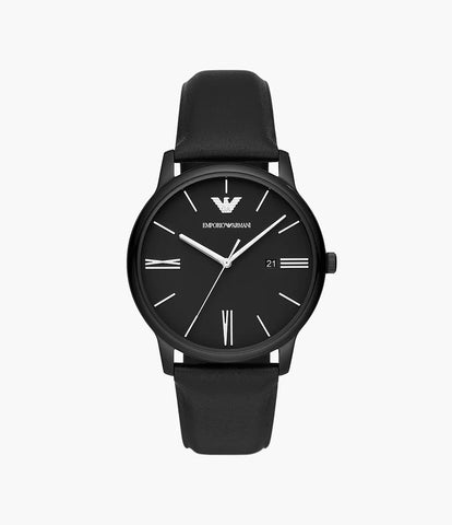 Emporio Armani Three-Hand Date Black Leather Watch - Black