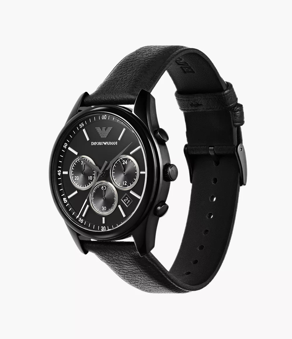 Emporio Armani Chronograph Black Leather Watch - Black