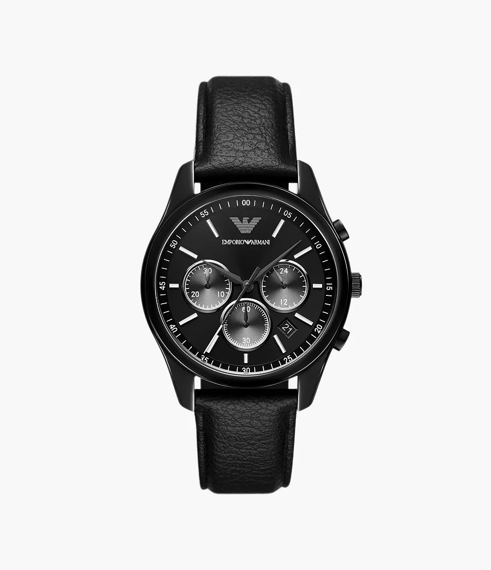 Emporio Armani Chronograph Black Leather Watch - Black