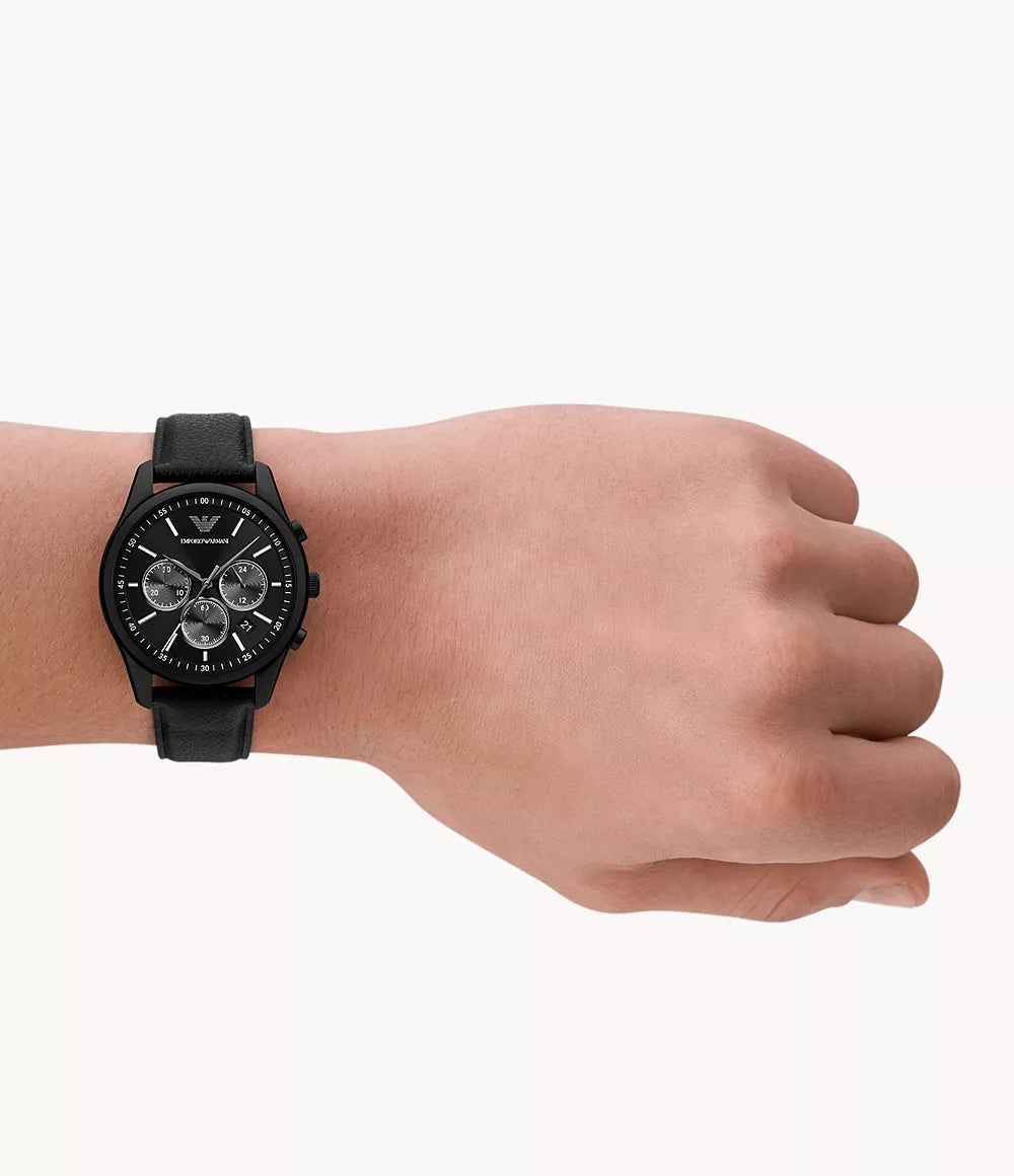Emporio Armani Chronograph Black Leather Watch - Black