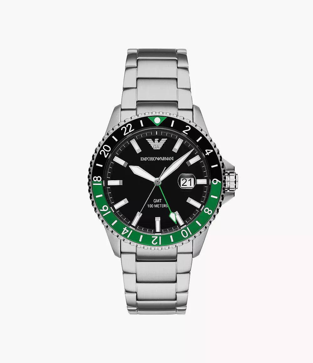 Emporio Armani World Explorer GMT Dual Time Stainless Steel Watch - Silver