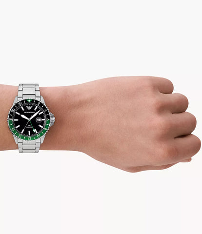 Emporio Armani World Explorer GMT Dual Time Stainless Steel Watch - Silver