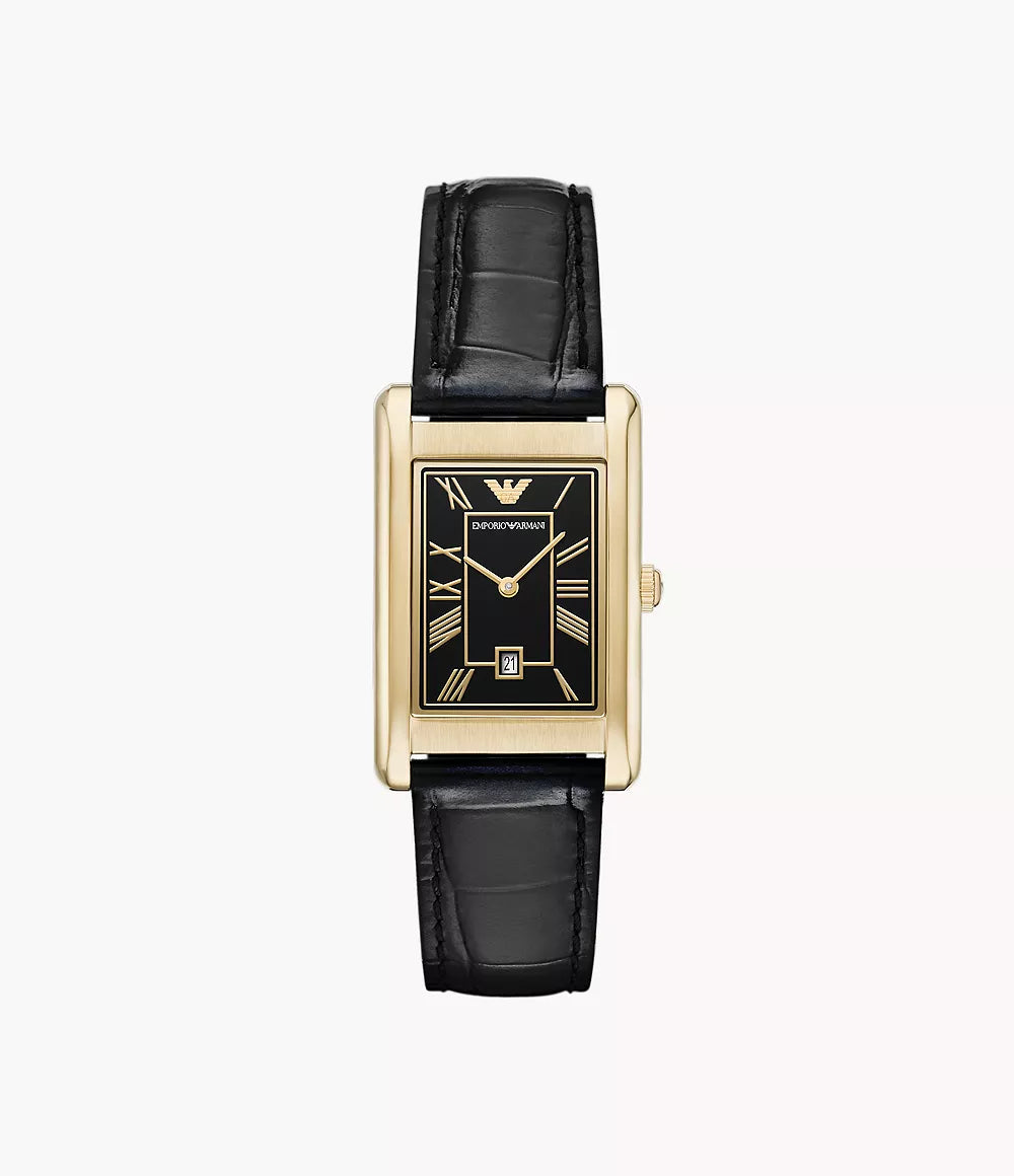 Emporio Armani Two-Hand Date Black Leather Watch - Gold & Black