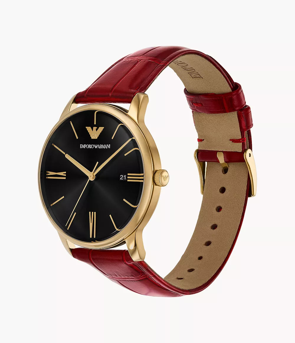Emporio Armani Three-Hand Date Bordeaux Red Leather Watch - Red & Black