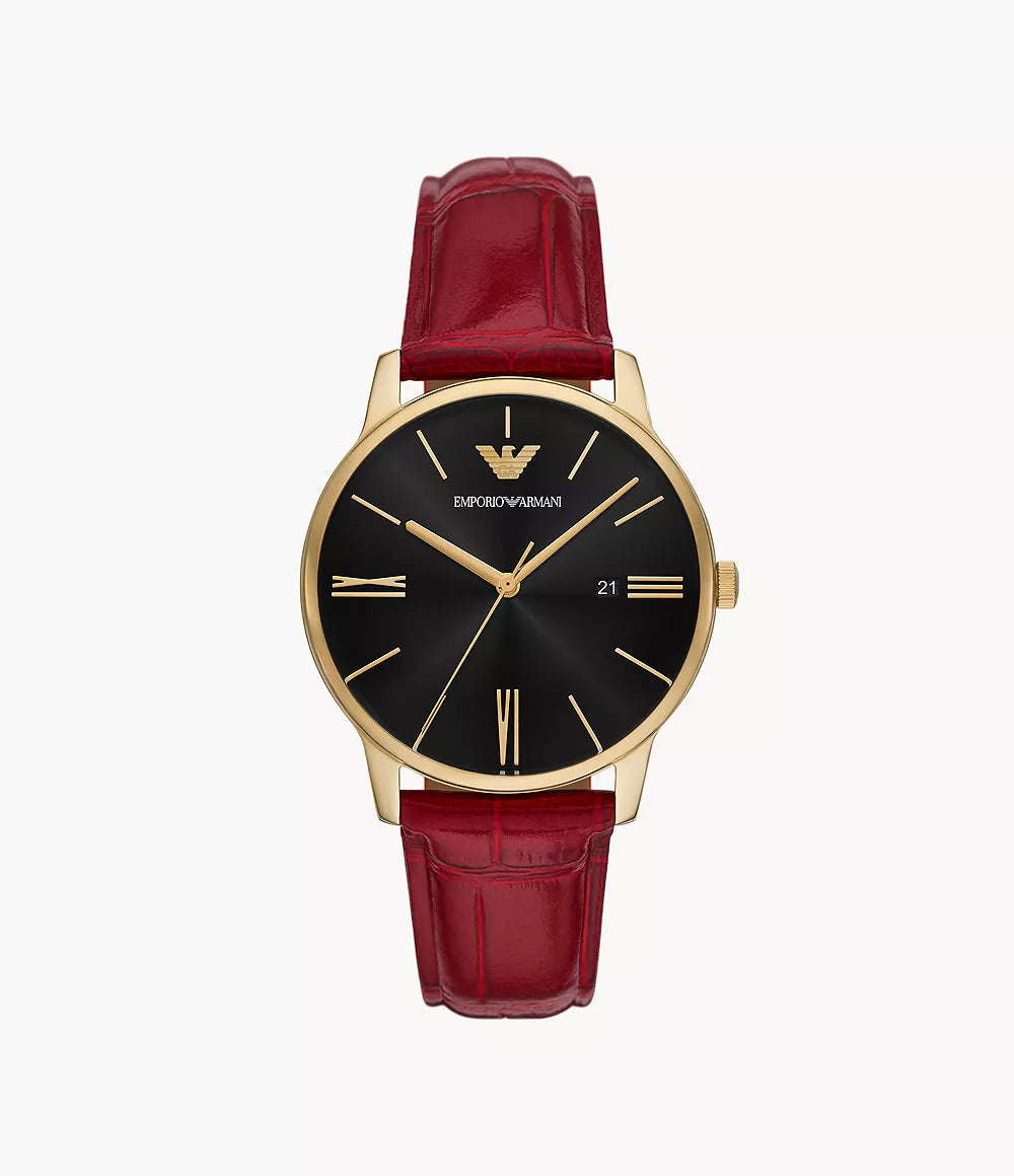 Emporio Armani Three-Hand Date Bordeaux Red Leather Watch - Red & Black