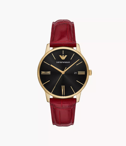 Emporio Armani Three-Hand Date Bordeaux Red Leather Watch - Red & Black