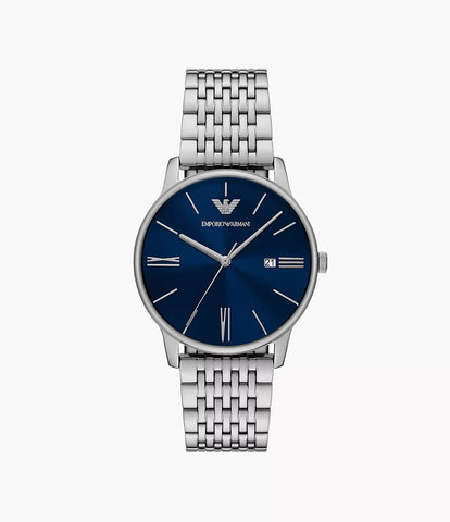 Emporio Armani Three-Hand Date Stainless Steel Watch - Silver