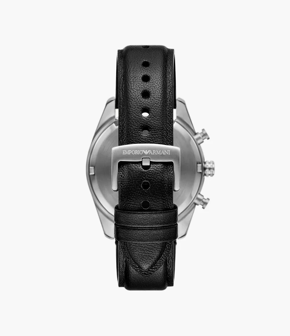 Emporio Armani Chronograph Black Leather Watch - Silver & Black