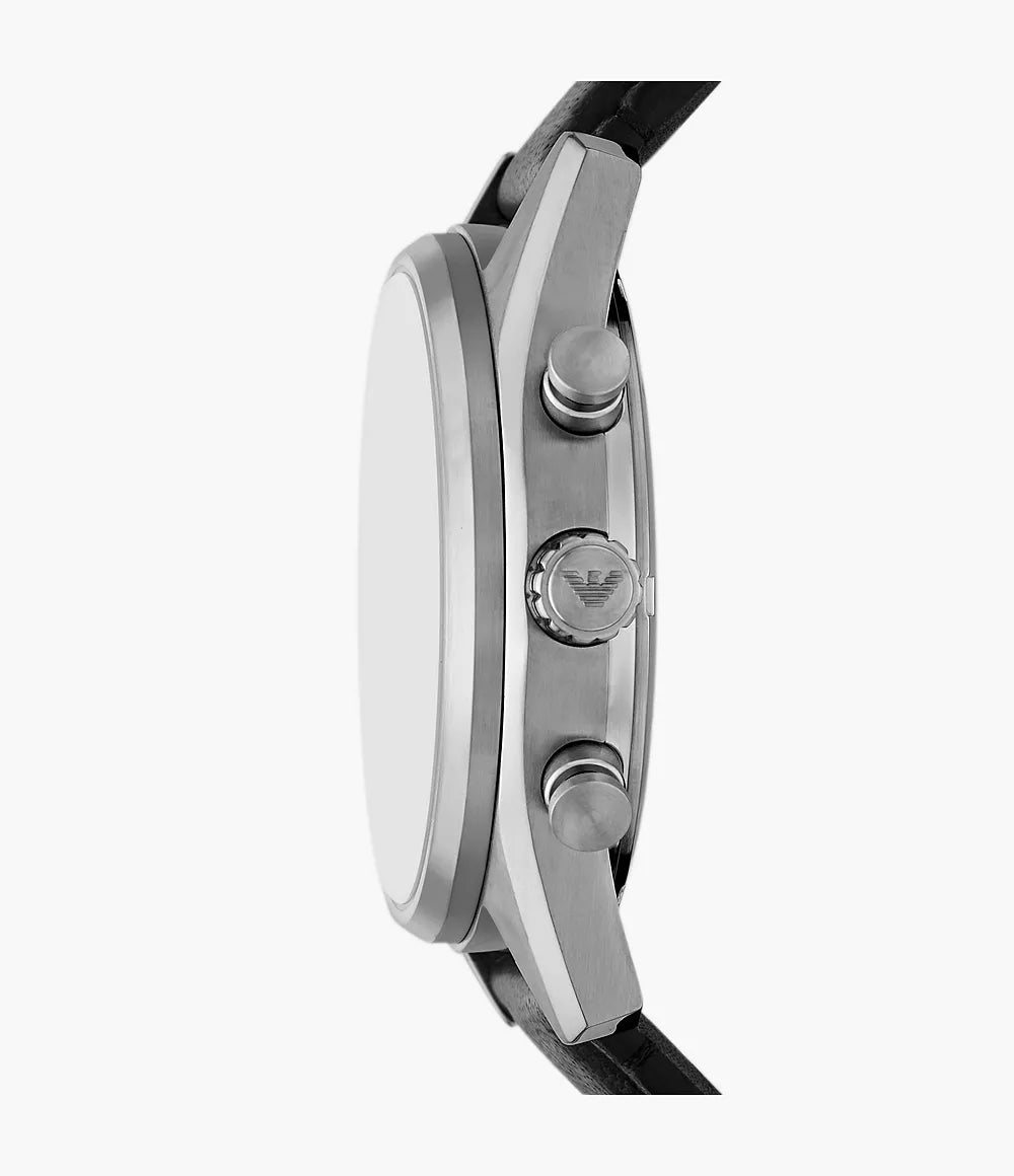 Emporio Armani Chronograph Black Leather Watch - Silver & Black