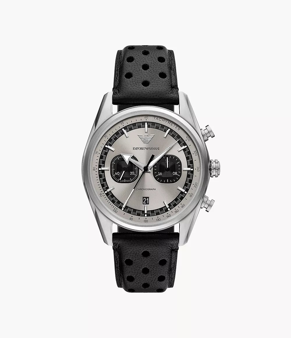Emporio Armani Chronograph Black Leather Watch - Silver & Black