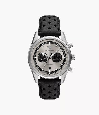 Emporio Armani Chronograph Black Leather Watch - Silver & Black