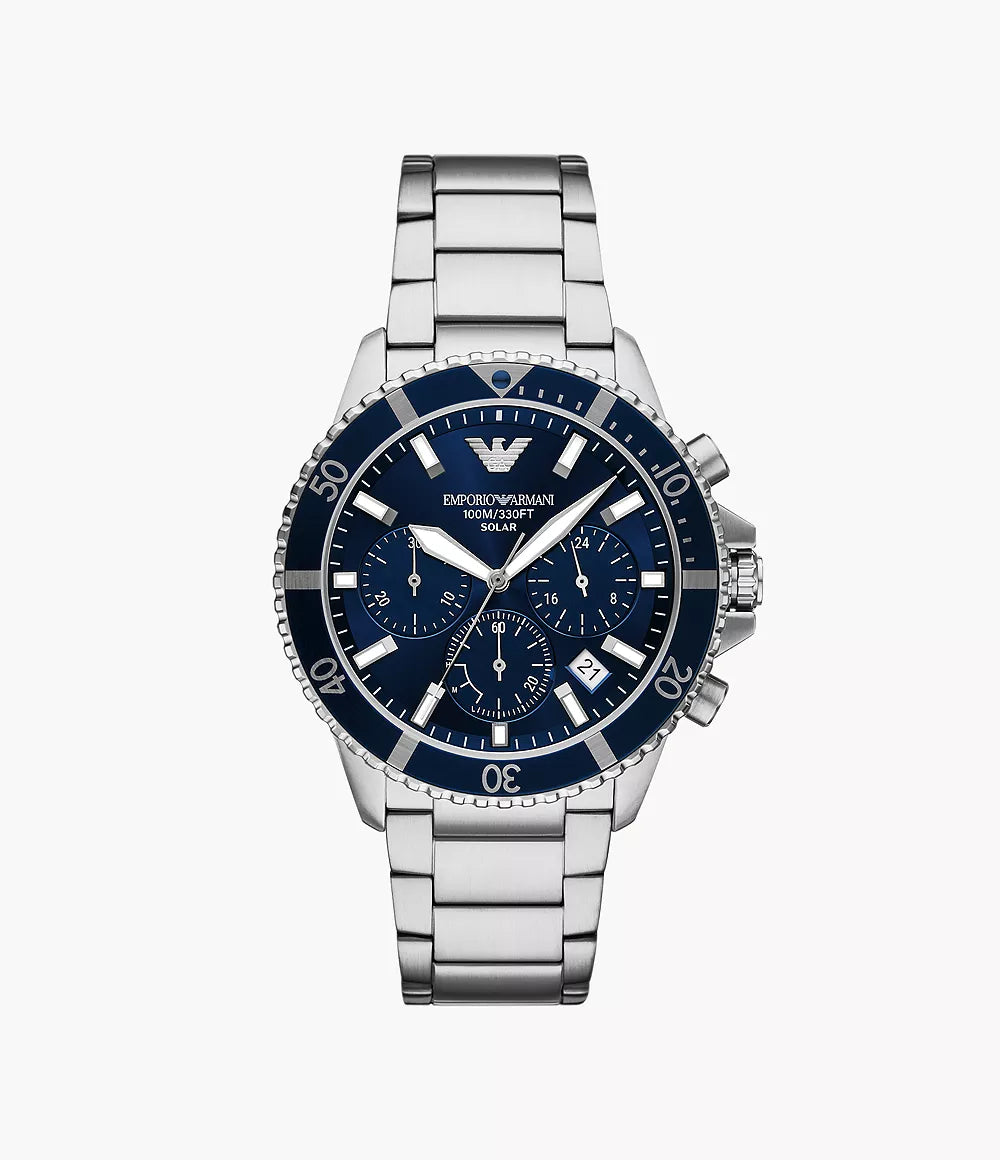 Emporio Armani World Explorer Solar-Powered Chronograph Stainless Steel Watch - Silver