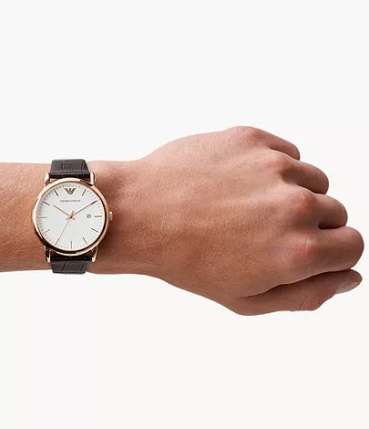 Emporio Armani Three-Hand Date Brown Leather Watch