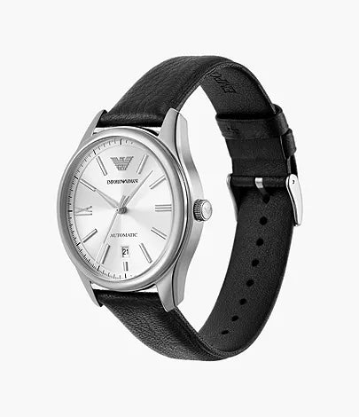 Emporio Armani Automatic Three-Hand Date Black Leather Watch