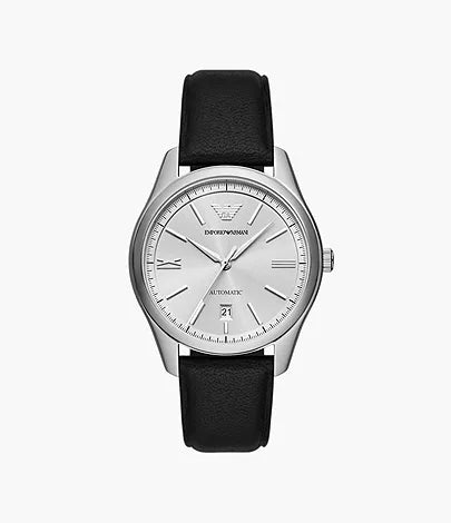 Emporio Armani Automatic Three-Hand Date Black Leather Watch