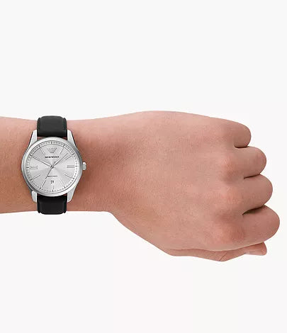 Emporio Armani Automatic Three-Hand Date Black Leather Watch