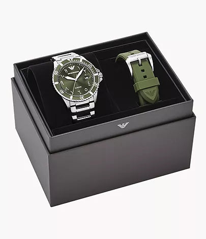Emporio Armani World Explorer Three-Hand Date Stainless Steel Watch and Green Silicone Strap Set