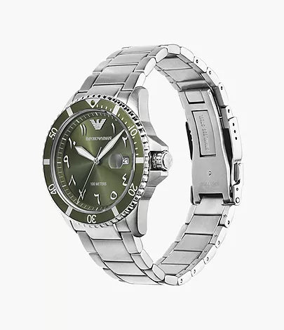 Emporio Armani World Explorer Three-Hand Date Stainless Steel Watch and Green Silicone Strap Set