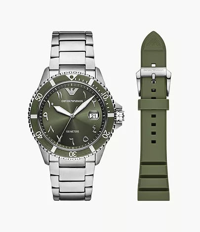 Emporio Armani World Explorer Three-Hand Date Stainless Steel Watch and Green Silicone Strap Set