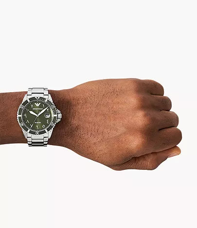 Emporio Armani World Explorer Three-Hand Date Stainless Steel Watch and Green Silicone Strap Set