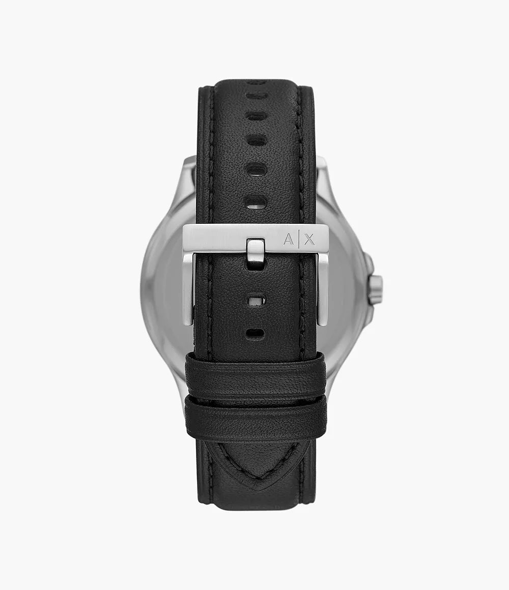 Armani Exchange Three-Hand Date Black Leather Watch - Black