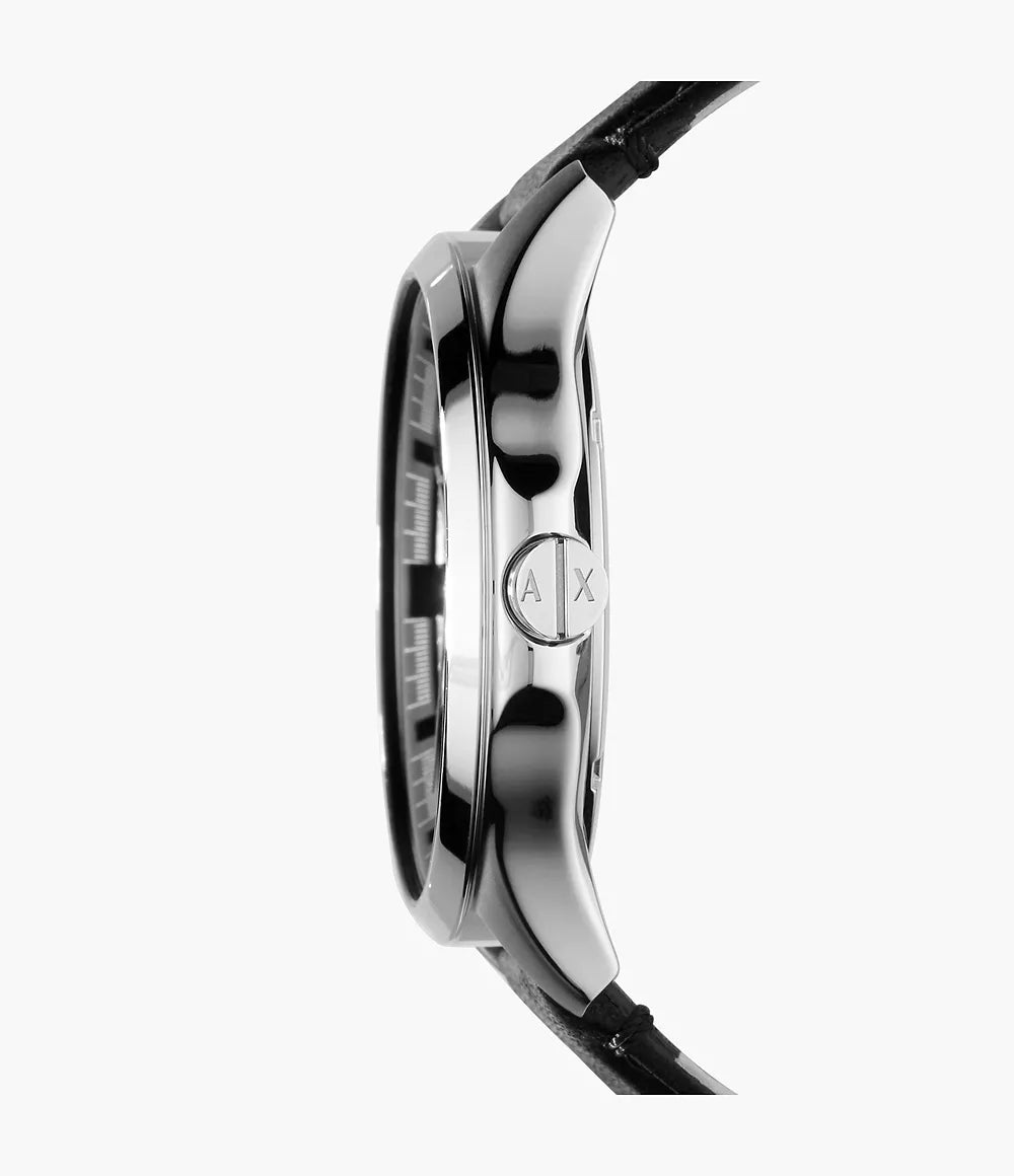 Armani Exchange Three-Hand Date Black Leather Watch - Black