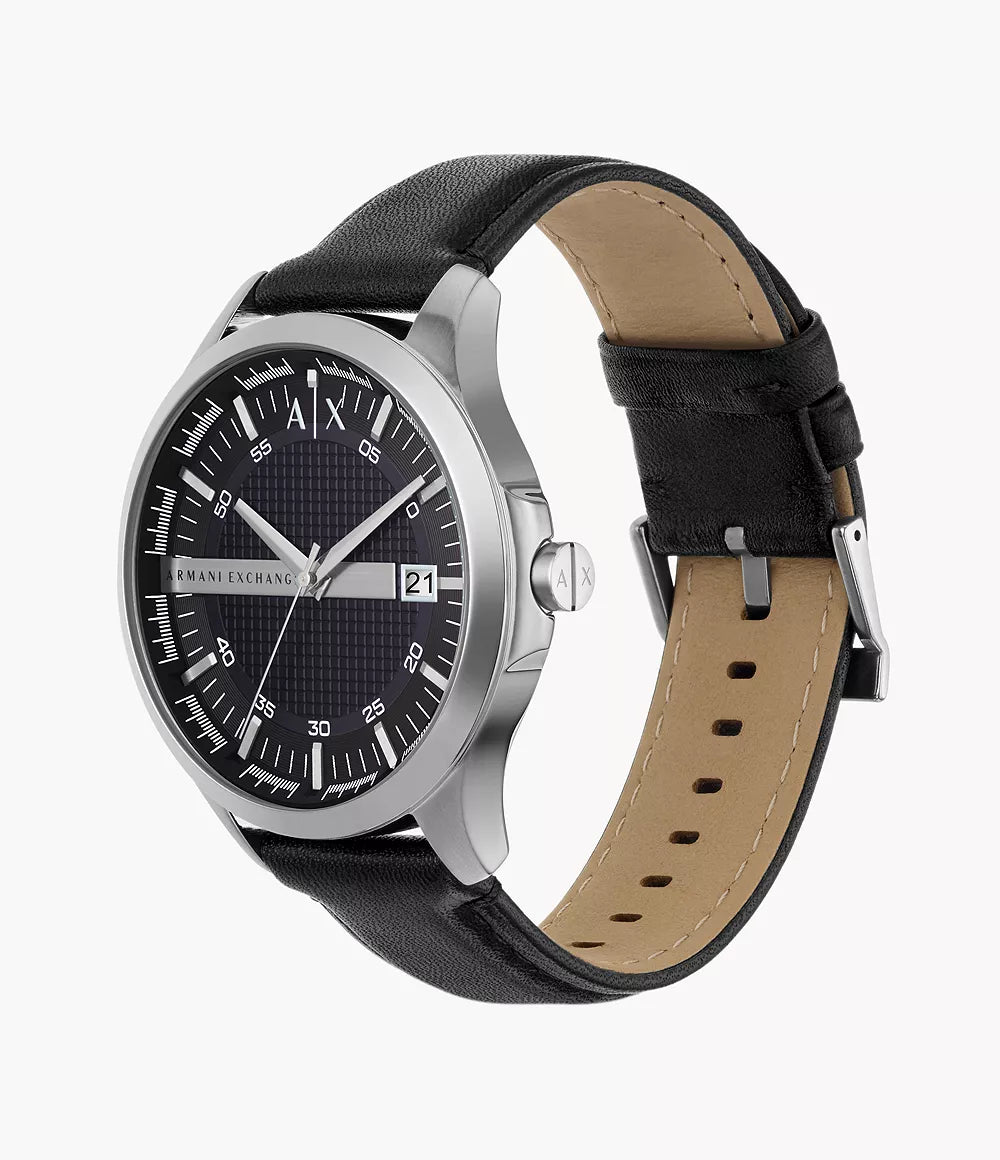 Armani Exchange Three-Hand Date Black Leather Watch - Black