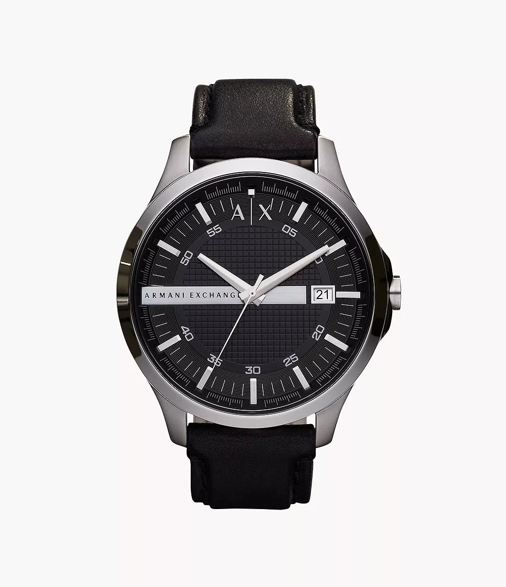 Armani Exchange Three-Hand Date Black Leather Watch - Black