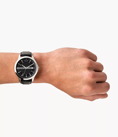 Armani Exchange Three-Hand Date Black Leather Watch - Black