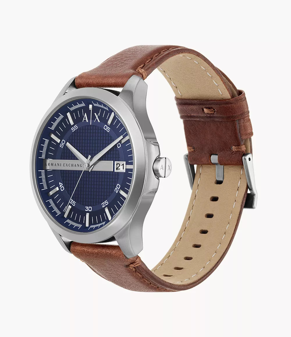 Armani Exchange Three-Hand Date Black Leather Watch - Brown