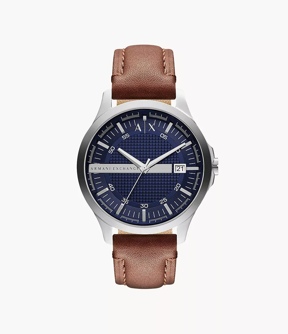 Armani Exchange Three-Hand Date Black Leather Watch - Brown