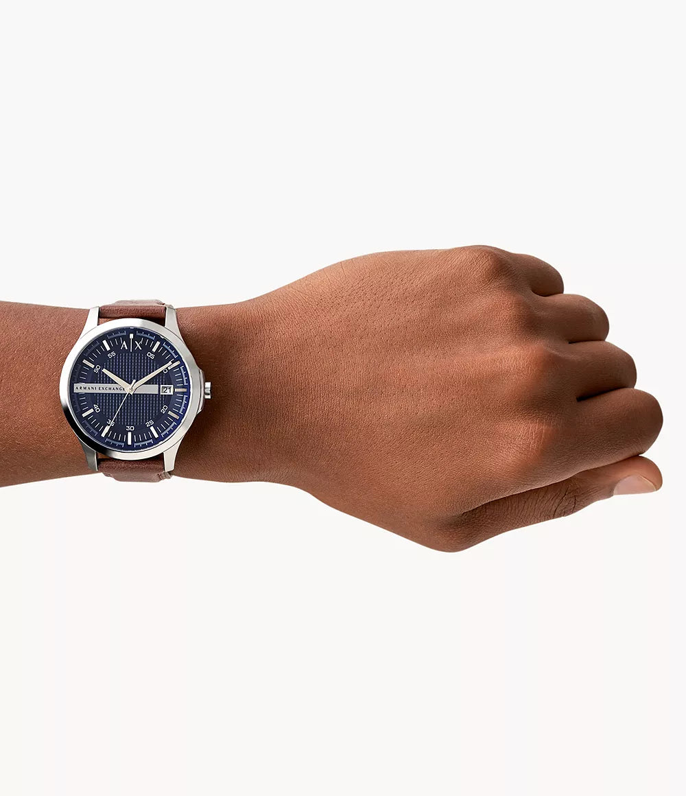 Armani Exchange Three-Hand Date Black Leather Watch - Brown