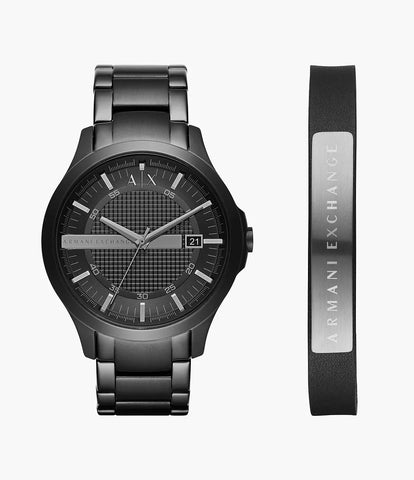 Armani Exchange Three-Hand Date Black Stainless Steel Watch and Bracelet Gift Set