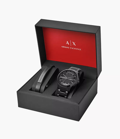 Armani Exchange Three-Hand Date Black Stainless Steel Watch and Bracelet Gift Set