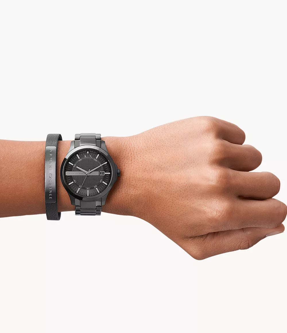 Armani Exchange Three-Hand Date Black Stainless Steel Watch and Bracelet Gift Set