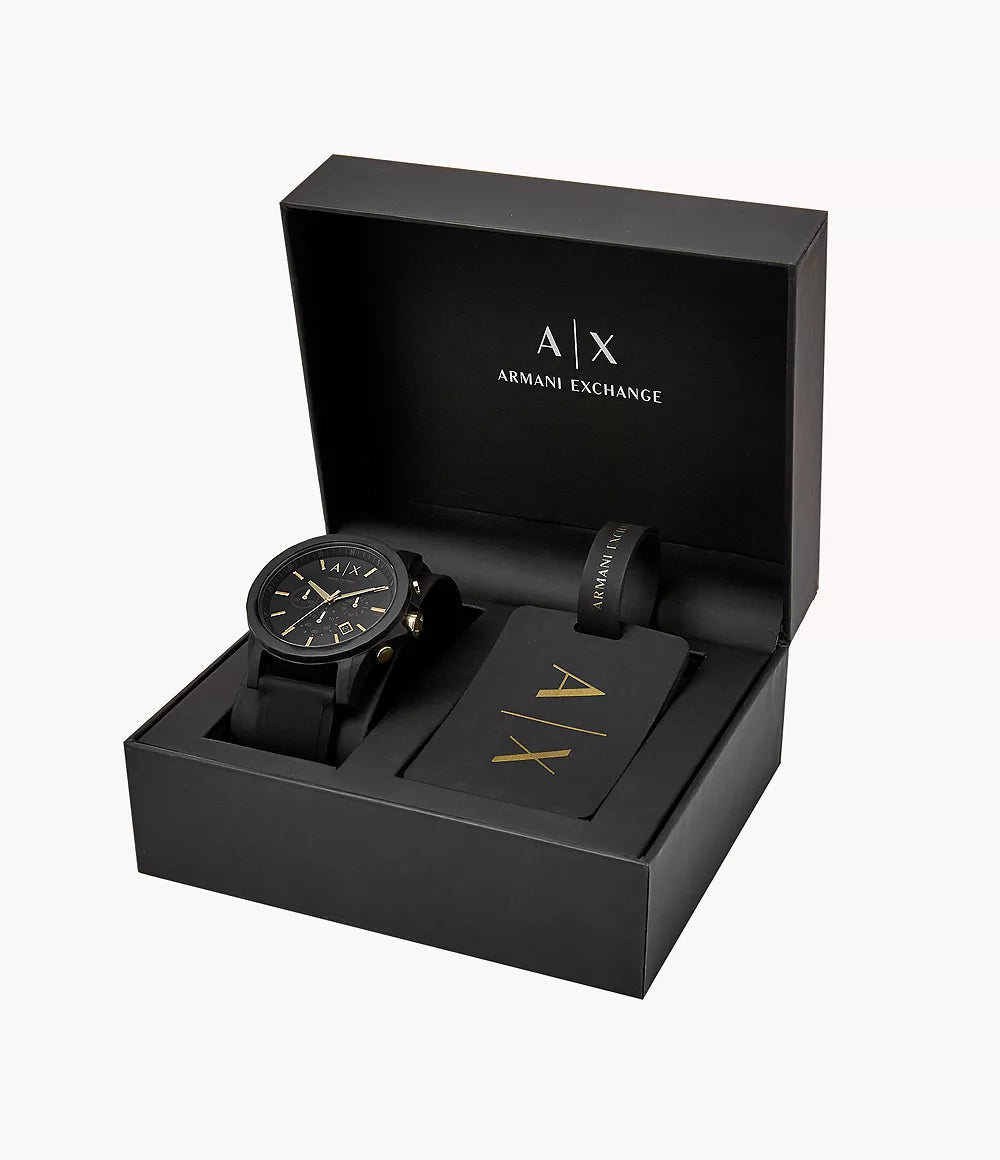 Armani Exchange Chronograph Black Silicone Watch and Luggage Tag Gift Set