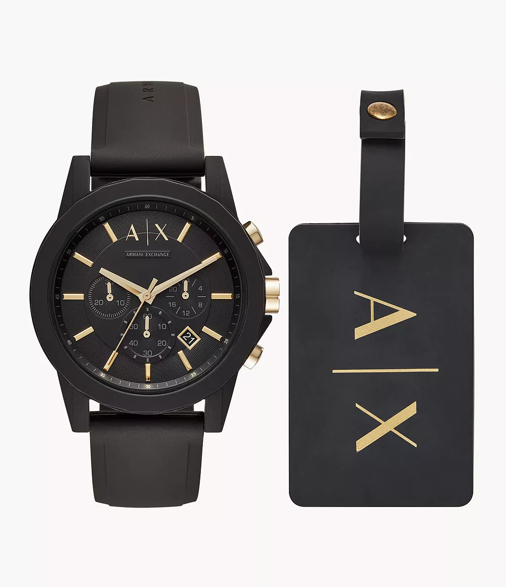 Armani Exchange Chronograph Black Silicone Watch and Luggage Tag Gift Set