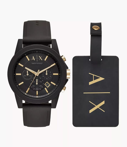Armani Exchange Chronograph Black Silicone Watch and Luggage Tag Gift Set