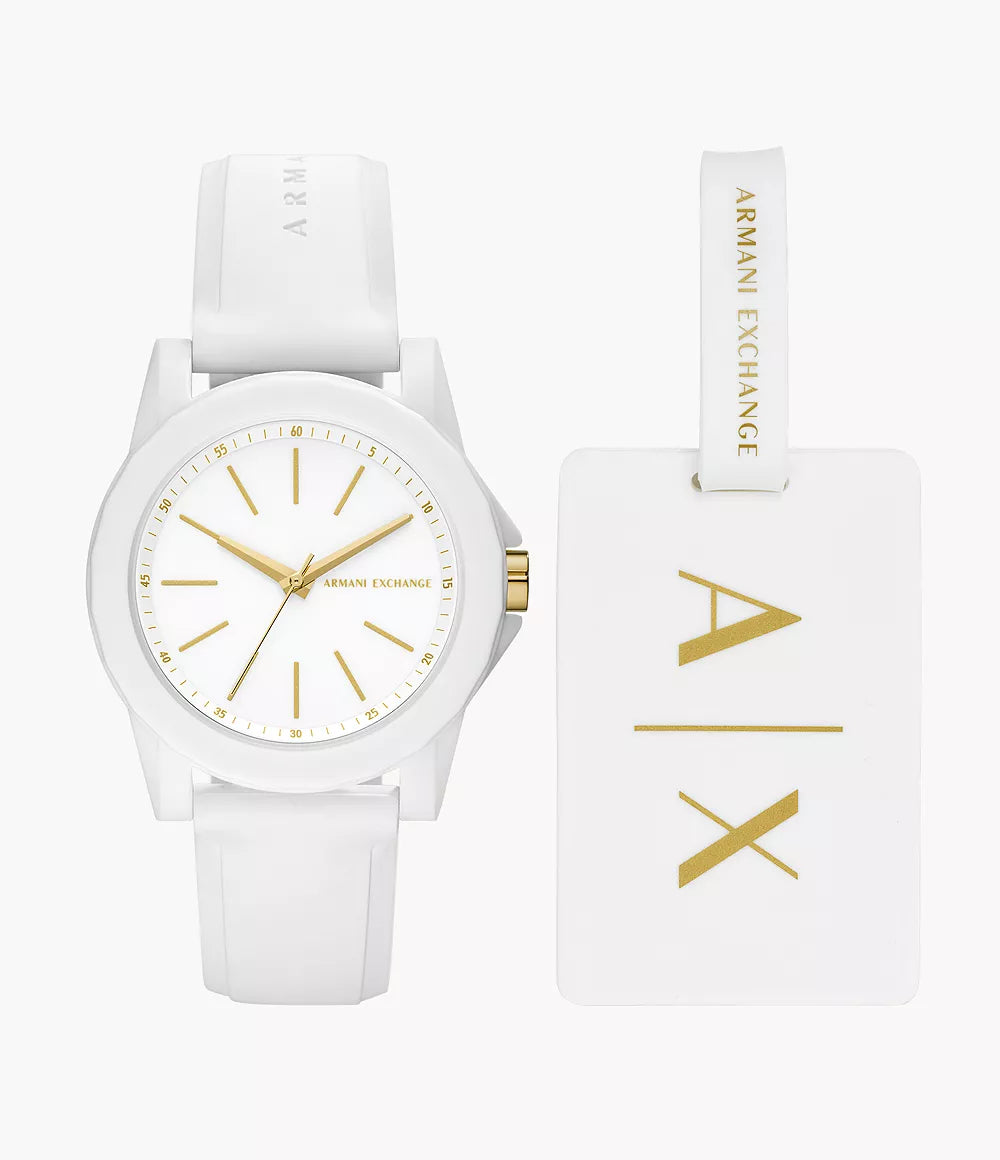 Armani Exchange Three-Hand White Silicone Watch and Luggage Tag Gift Set