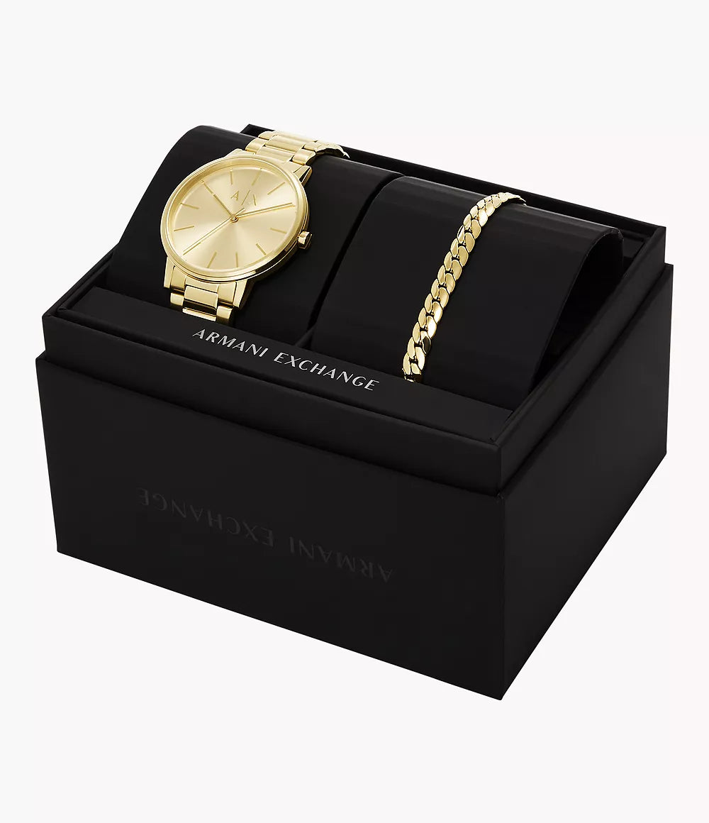 Armani Exchange Three-Hand Gold-Tone Stainless Steel Watch and Gold-Tone Stainless Steel Bracelet Set