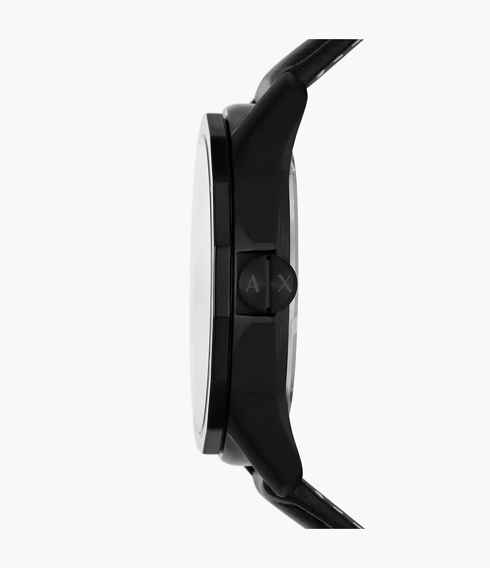 Armani Exchange Men's Black Leather Watch, Black Dial