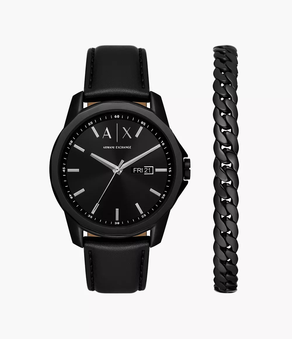 Armani Exchange Men's Black Leather Watch, Black Dial