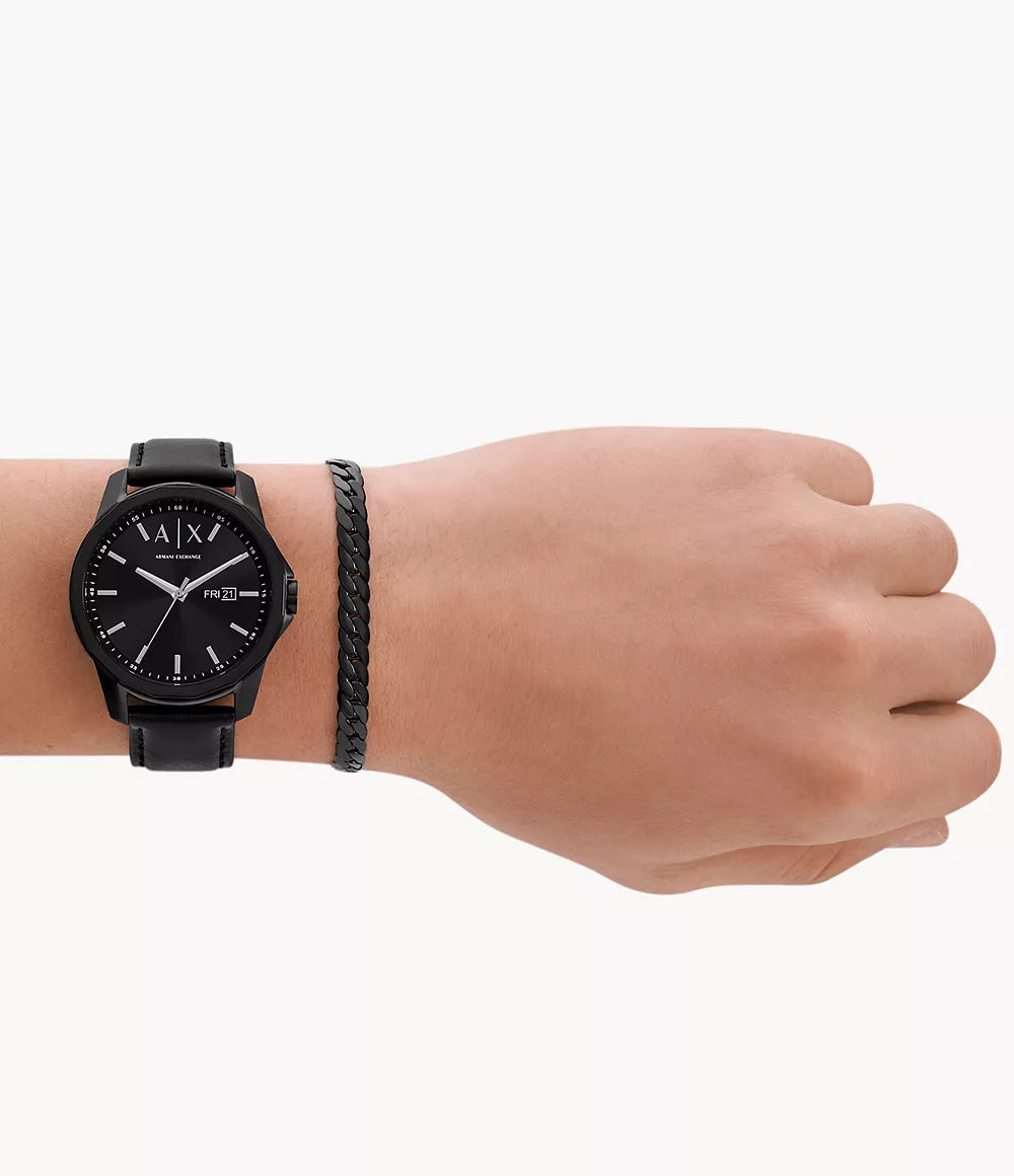 Armani Exchange Men's Black Leather Watch, Black Dial