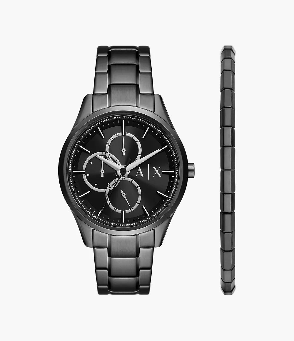 Armani Exchange Multifunction Black Stainless Steel Watch and Bracelet Set