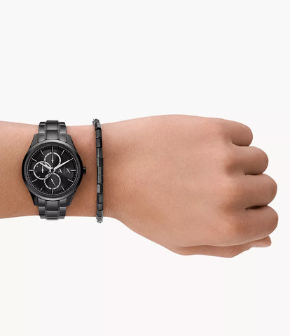 Armani Exchange Multifunction Black Stainless Steel Watch and Bracelet Set